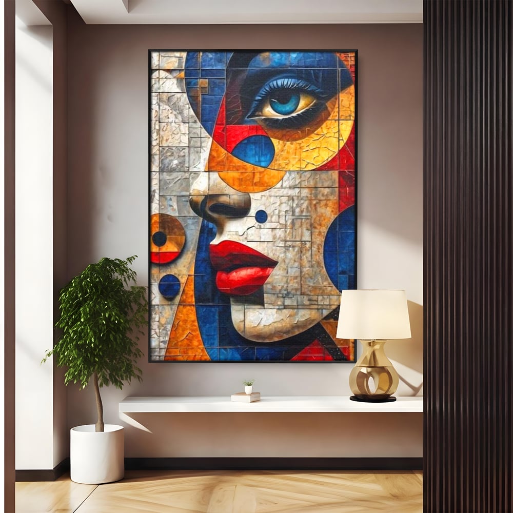 Tablou canvas cu tablou canvas cu portret abstract in stil mozaic, in rama de aluminiu negru